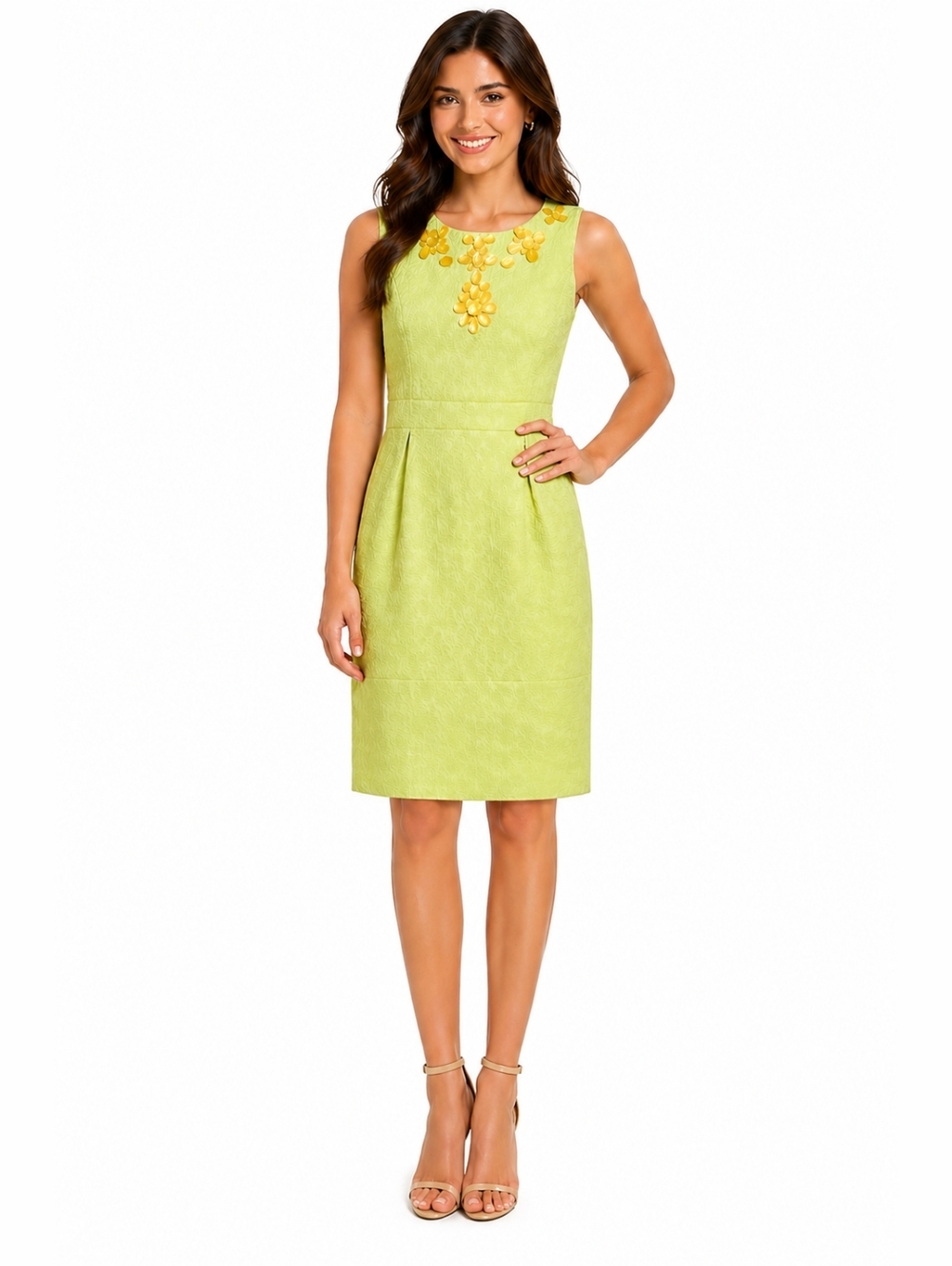 Jessica Howard Lime Green Textured Dress Size 14 Retro 60s 70s Mod Beaded Shift